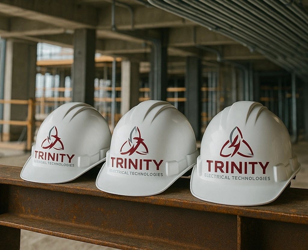 Trinity Electrical Technologies branded hard hats on a construction site